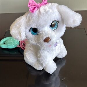 Interactive White Plush Dog Toy with Pink Bow